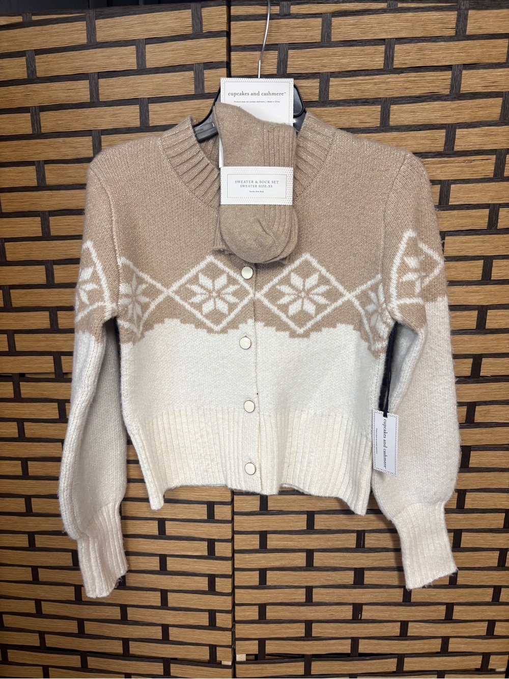 Cupcakes and cashmere tan and cream cardigan and sock set size XS